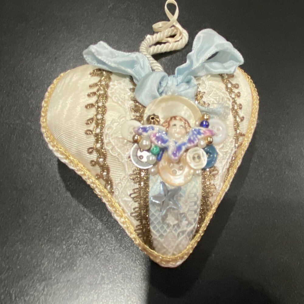 Vintage Handmade Lace Pearl Heart Valentines Angel Christmas Ornament 5"X5"